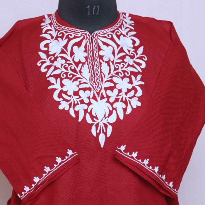 Red with White Emb Cashmilon Traditional Girls Ari Pheran/Short Kurta (L30) - Image 2