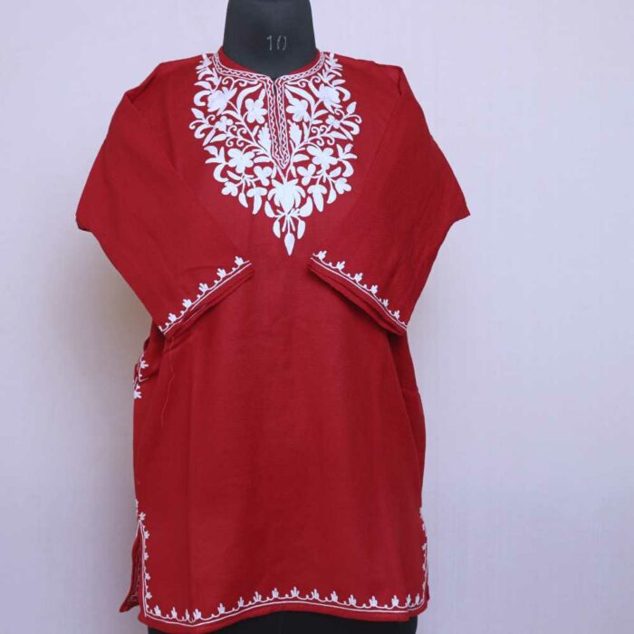 Red with White Emb Cashmilon Traditional Girls Ari Pheran/Short Kurta (L30)