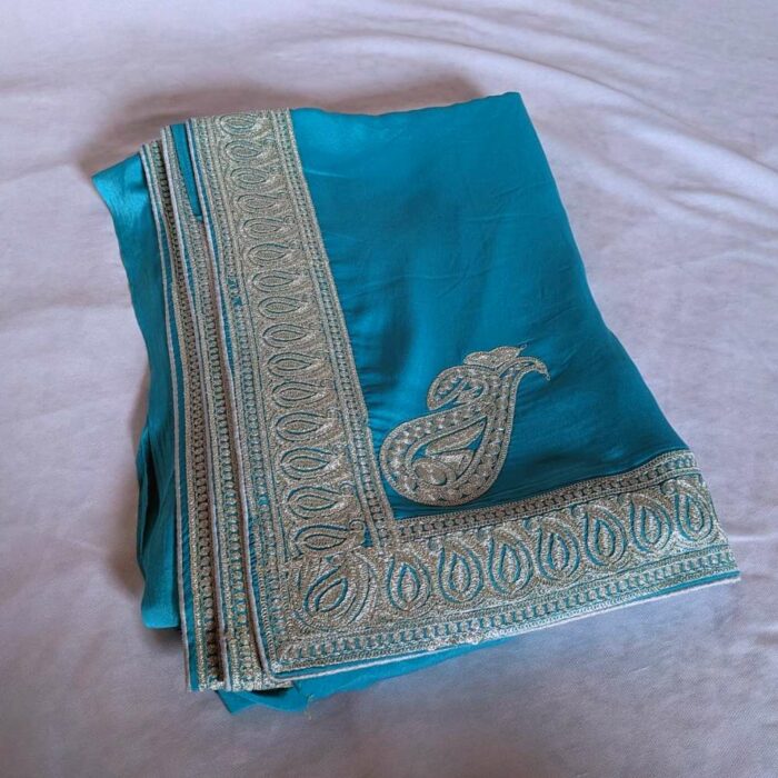 BlueGreen Semi Crepe Tilla Embroidered Saree
