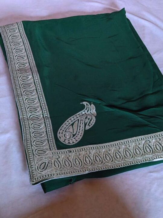 Bottle Green Semi Crepe Tilla Embroidered Saree