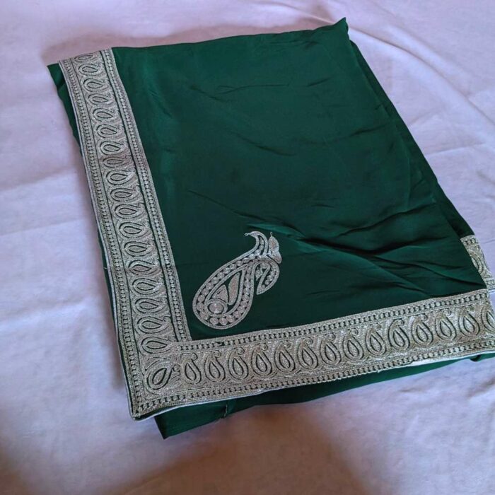 Bottle Green Semi Crepe Tilla Embroidered Saree