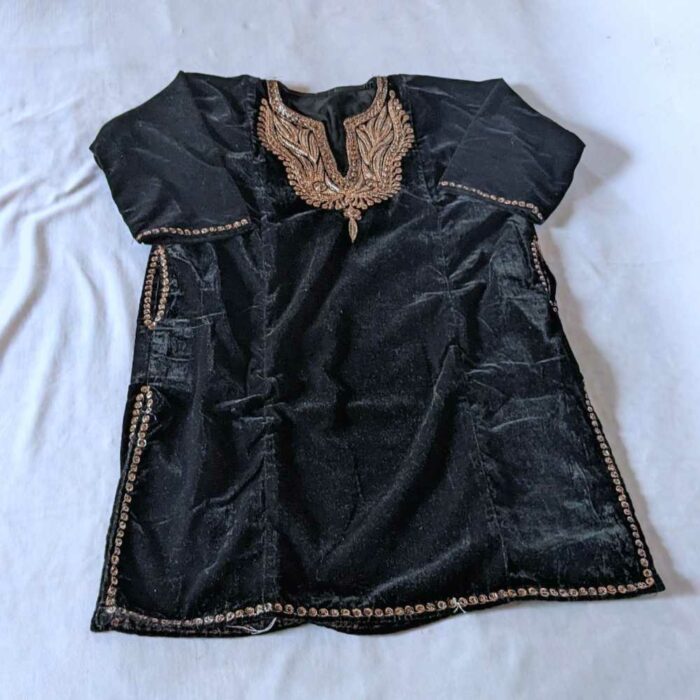 Girls Black Velvet Pheran with Golden Tilla (Length 28) - Image 2