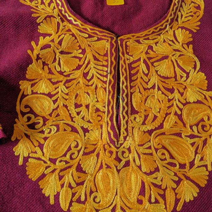 Maroon with Mustard Emb Cashmilon Traditional Kids Ari Pheran (L19) - Image 2