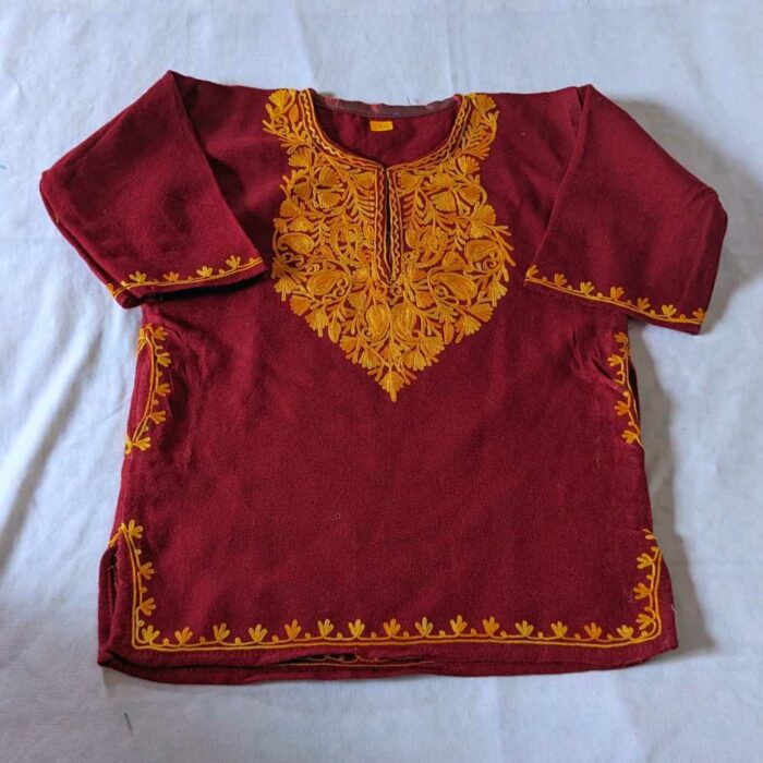 Maroon with Mustard Emb Cashmilon Traditional Kids Ari Pheran (L19)