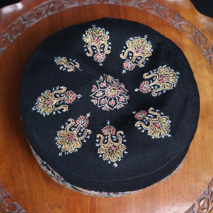Black Pure Pashmina Hand Sozni Cap - Image 2