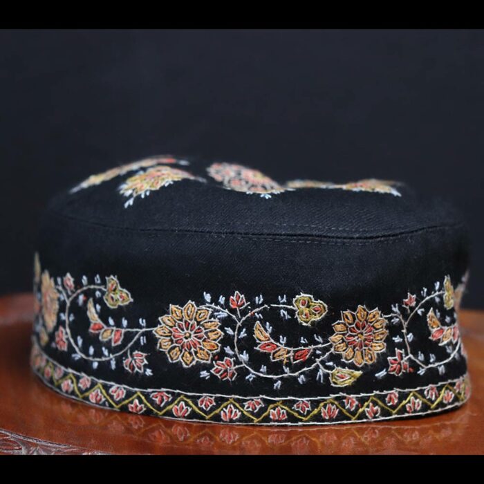Black Pure Pashmina Hand Sozni Cap