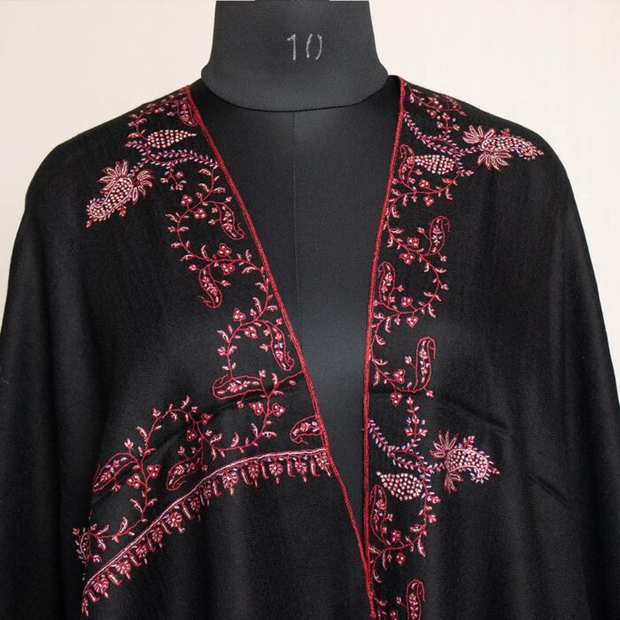 Black Pashmina Sozni Hand Work Stole - Image 3