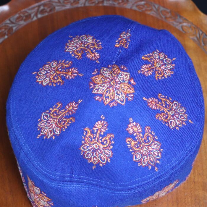 Blue Pure Pashmina Hand Sozni Cap - Image 2