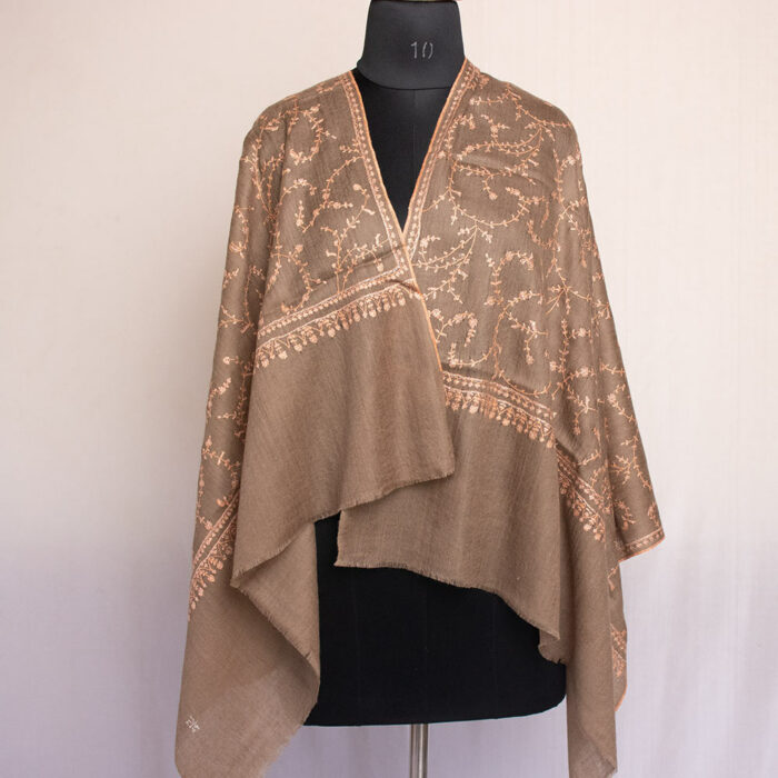 Dark Beige Pashmina Jali Sozni Hand Work Stole