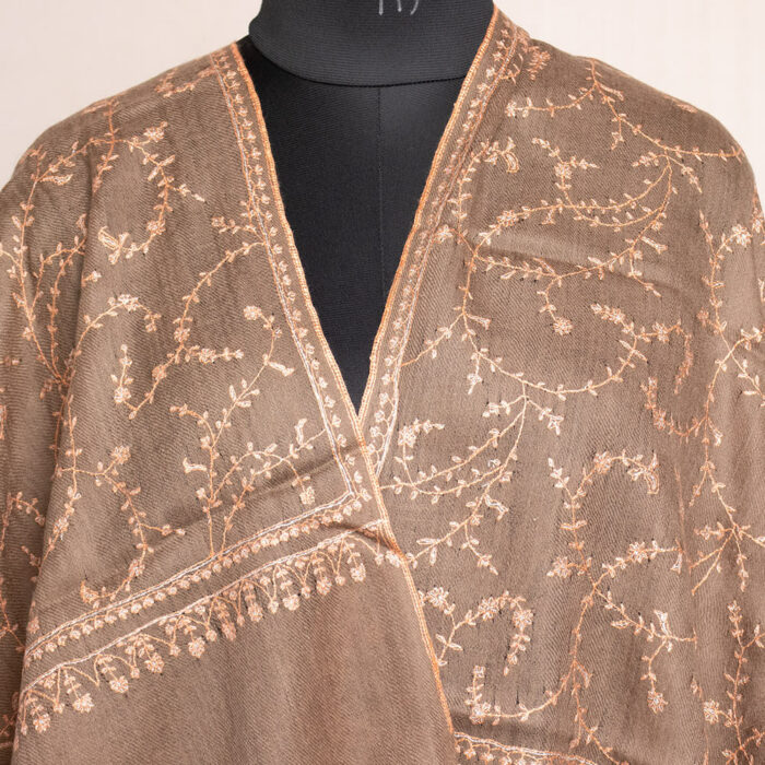 Dark Beige Pashmina Jali Sozni Hand Work Stole - Image 3