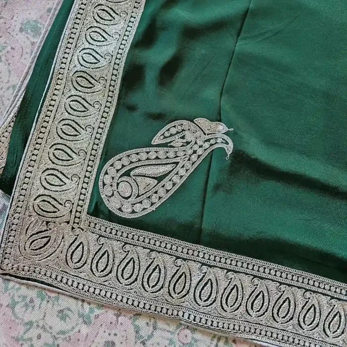 Bottle Green Semi Crepe Tilla Embroidered Saree - Image 3