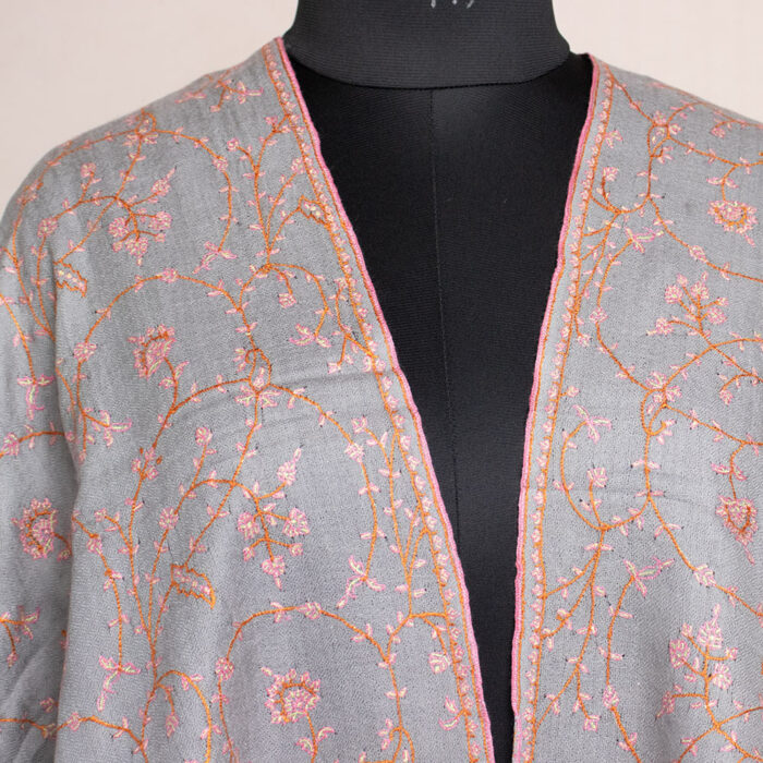 Grey Pashmina Jali Sozni Hand Work Stole - Image 2