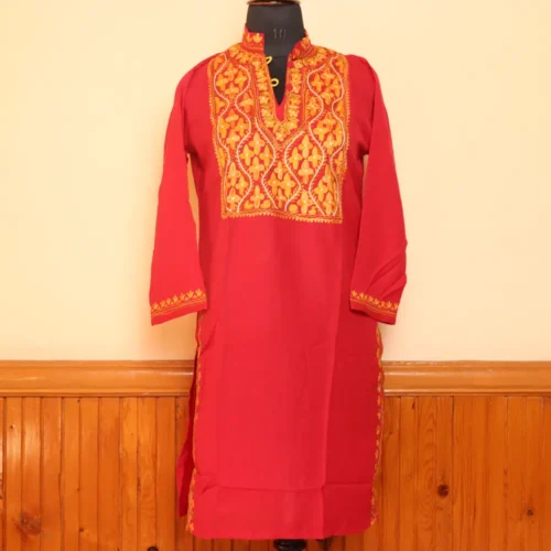 Red Summer Cool Aari Work Kurta with Collar