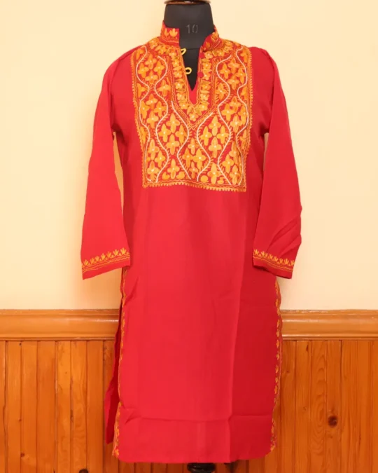 Red Summer Cool Aari Work Kurta with Collar