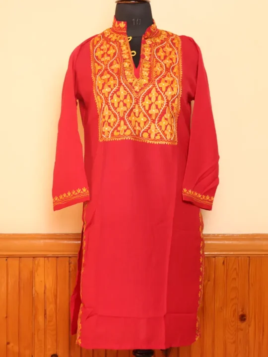 Red Summer Cool Aari Work Kurta with Collar