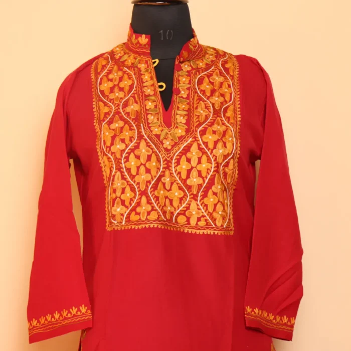 Red Summer Cool Aari Work Kurta with Collar - Image 2