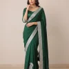 Bottle Green Semi Crepe Tilla Embroidered Saree