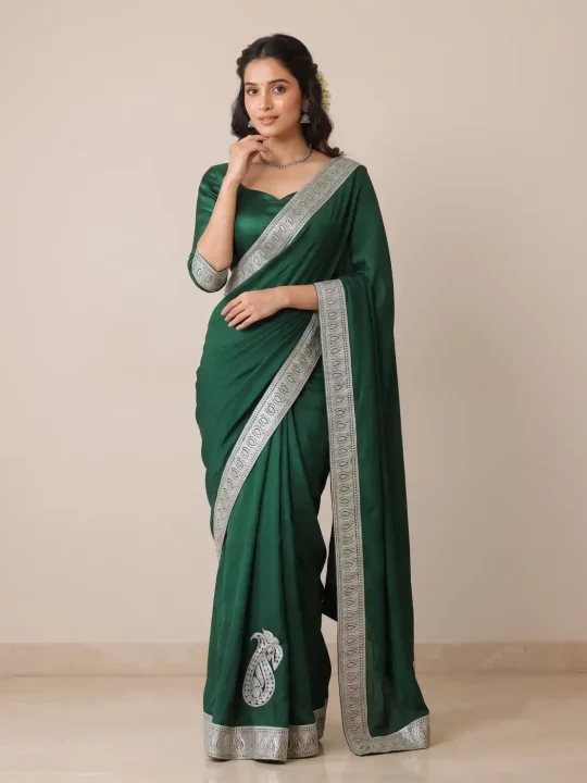 Bottle Green Semi Crepe Tilla Embroidered Saree