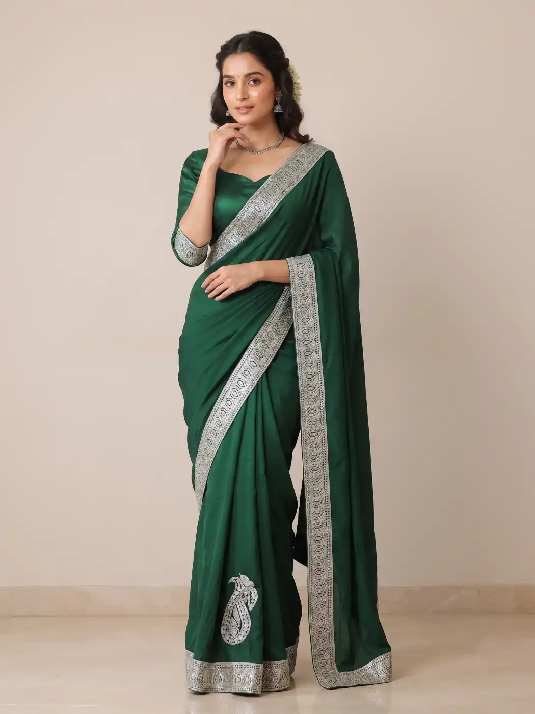 Bottle Green Semi Crepe Tilla Embroidered Saree