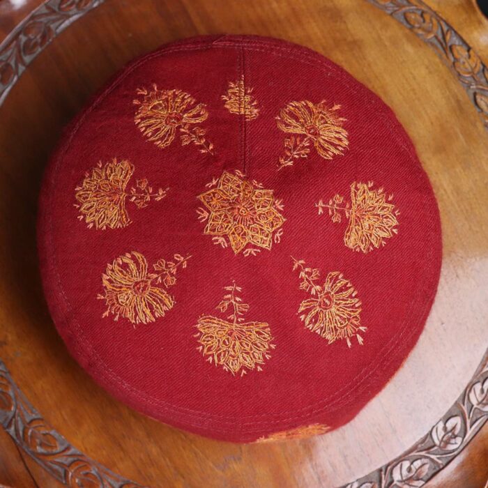 Maroon Pure Pashmina Hand Sozni Cap - Image 2