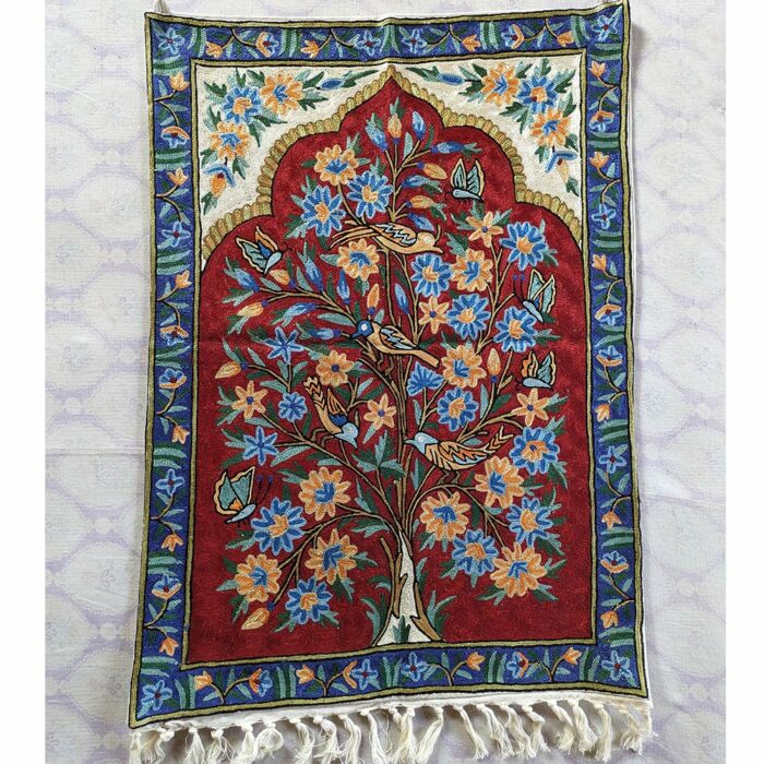 Maroon Blue Kashmiri Chainstitch Wall Art - Magical Tree of Life 3x2