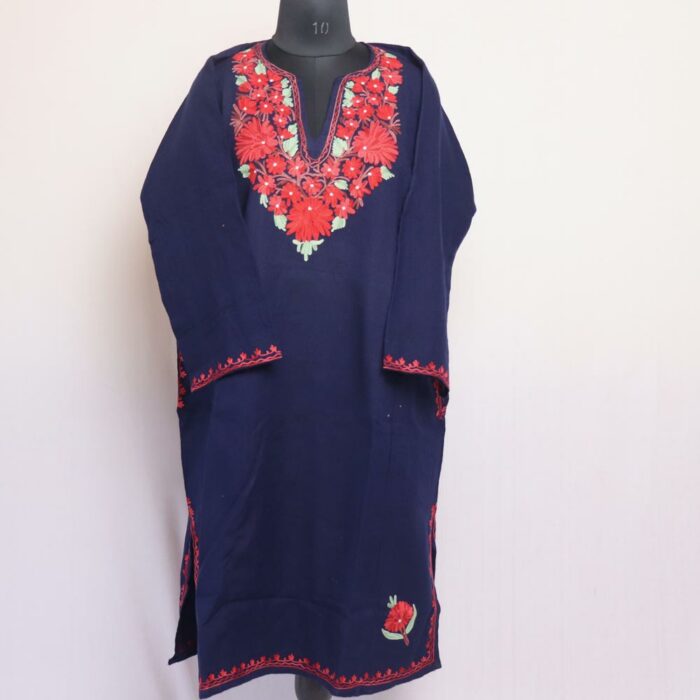 Dark Navy Blue Floral Cashmilon Aari Pheran - Image 2