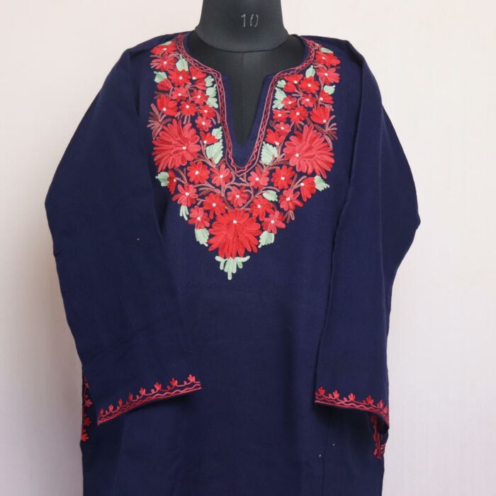 Dark Navy Blue Floral Cashmilon Aari Pheran
