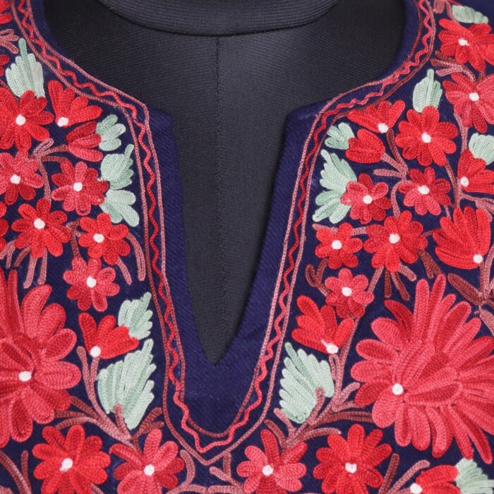 Dark Navy Blue Floral Cashmilon Aari Pheran - Image 3