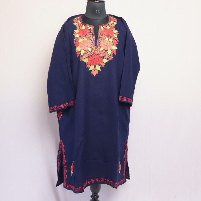 Dark Navy Blue Floral Cashmilon Aari Pheran - Image 2