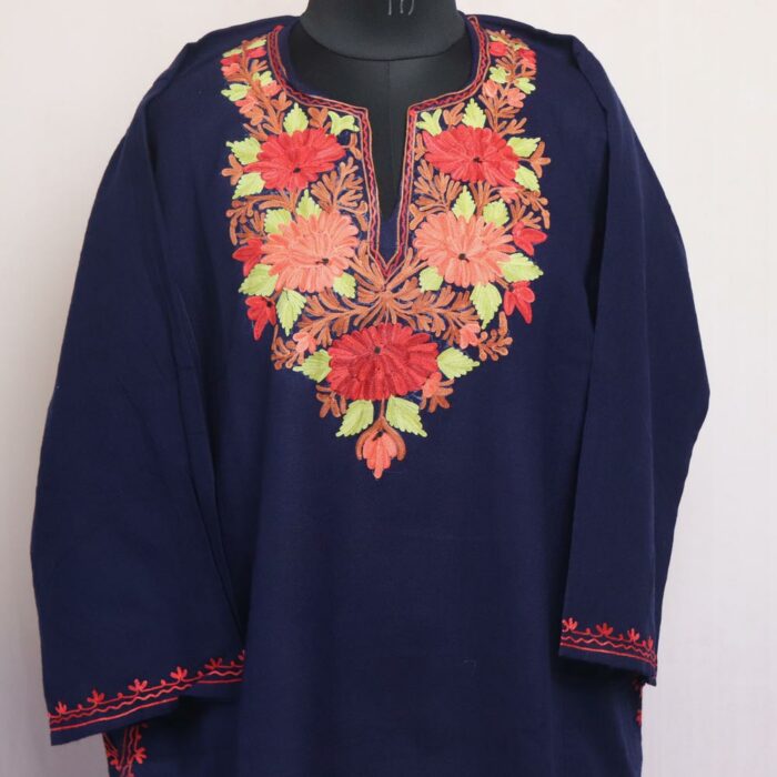 Dark Navy Blue Floral Cashmilon Aari Pheran