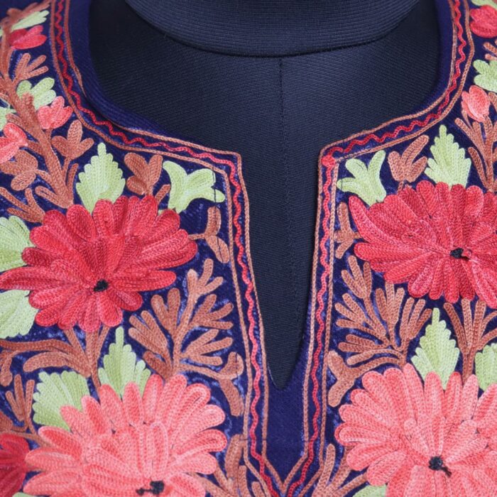 Dark Navy Blue Floral Cashmilon Aari Pheran - Image 3