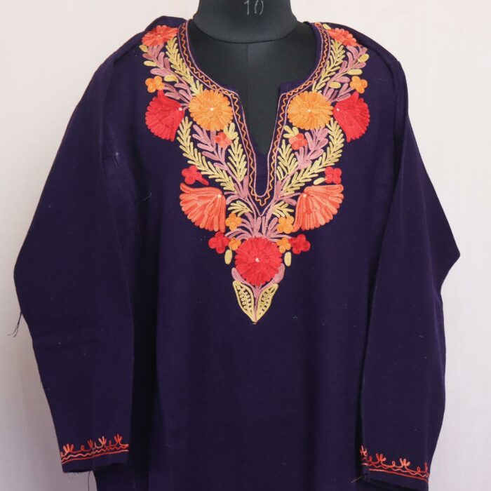 Dark Navy Blue Bahar Cashmilon Aari Pheran