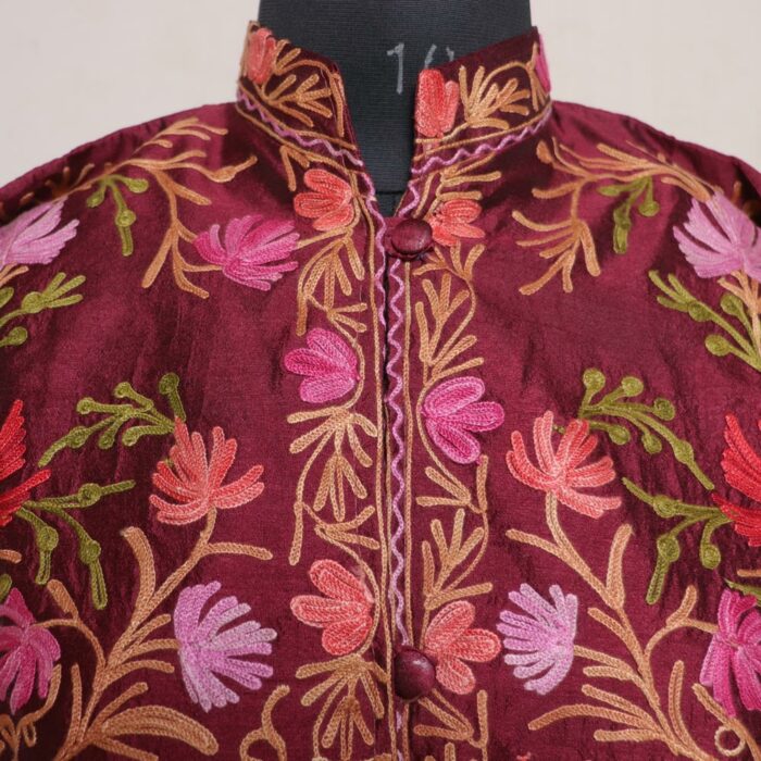 Maroon Chinari Silk Aari Short Jacket - Image 2
