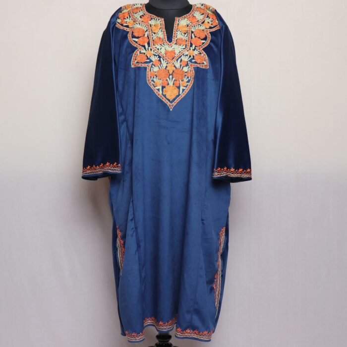 Navy Blue Floral Aari Velvet Pheran - Image 2