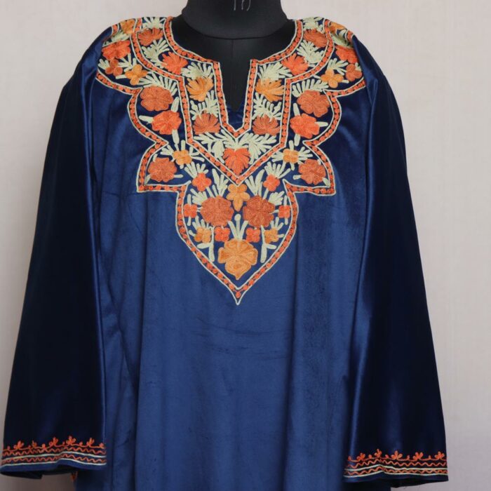 Navy Blue Floral Aari Velvet Pheran