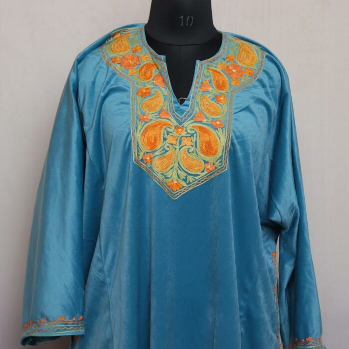 Blue Floral Aari Velvet Pheran