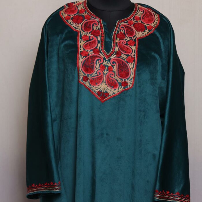 Teal Green Miri Aari Velvet Pheran