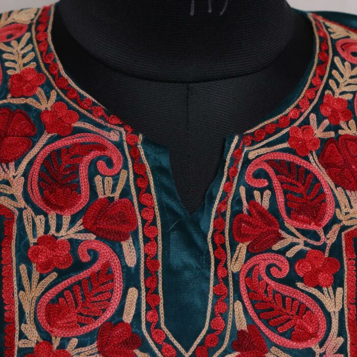 Teal Green Miri Aari Velvet Pheran - Image 3