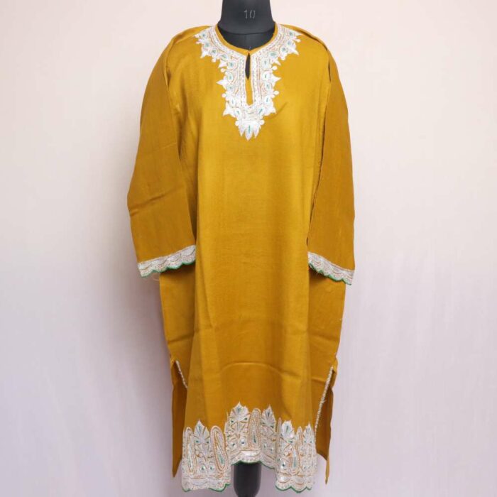 Mustard Yellow Raffal Pheran With Border Tilla