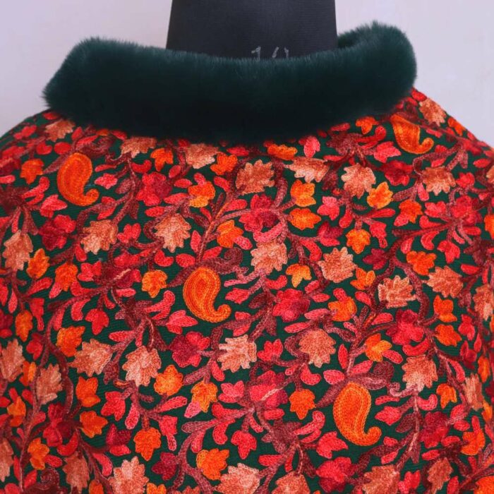 Green Kashmiri Poncho With All Over Ari Embroidery - Image 2