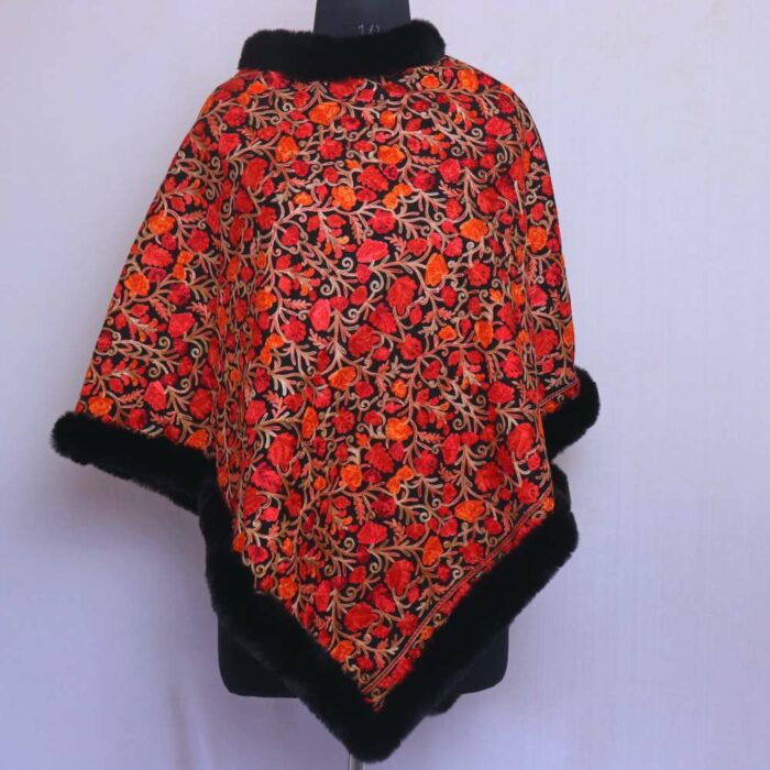 Black Multi Kashmiri Poncho With All Over Ari Embroidery