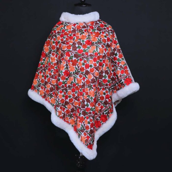 White Kashmiri Fur Poncho With All Over Ari Embroidery