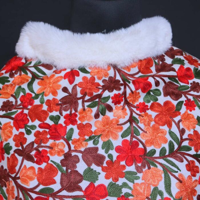White Kashmiri Fur Poncho With All Over Ari Embroidery - Image 2