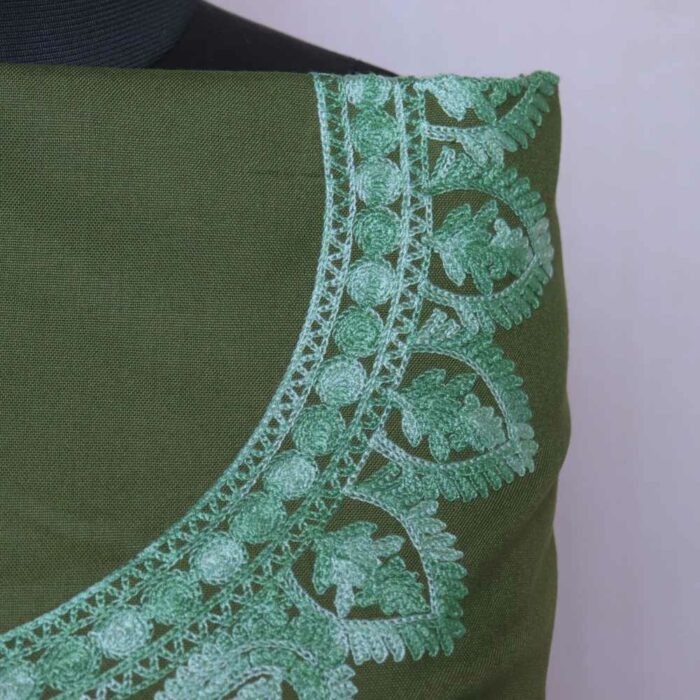 Mehandi green Kashmiri Woolen Suit With Neck and Daman Aari Embroidery - Image 3
