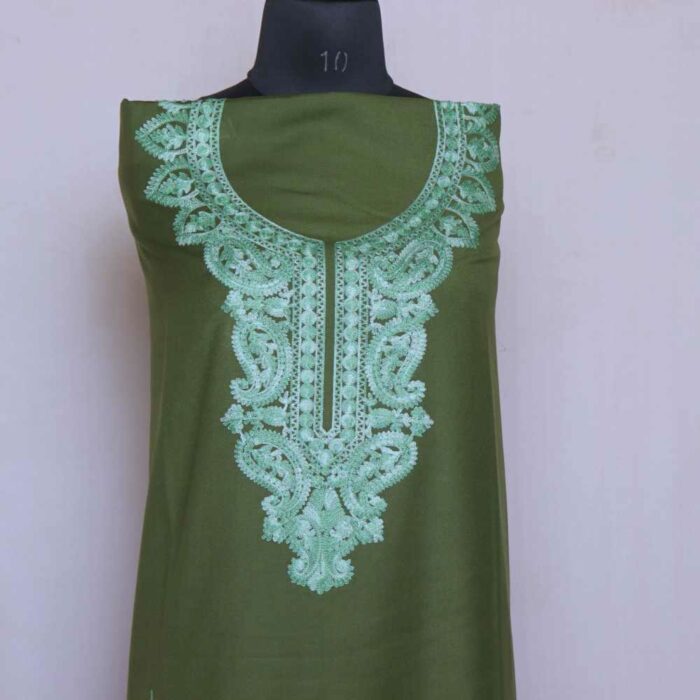 Mehandi green Kashmiri Woolen Suit With Neck and Daman Aari Embroidery - Image 2