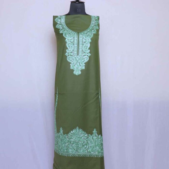 Mehandi green Kashmiri Woolen Suit With Neck and Daman Aari Embroidery
