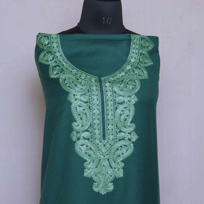 Green Kashmiri Woolen Suit With Neck and Daman Aari Embroidery - Image 2