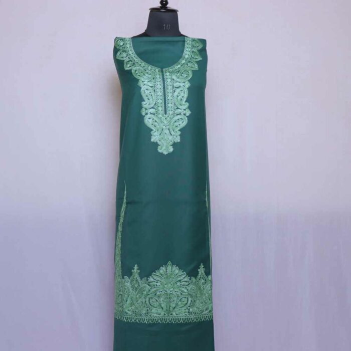 Green Kashmiri Woolen Suit With Neck and Daman Aari Embroidery