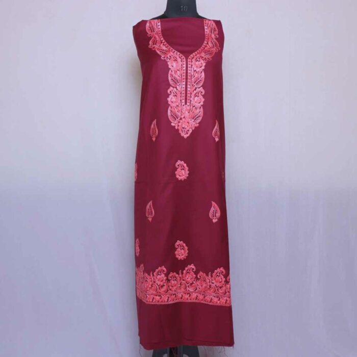Maroon Booti Daman Kashmiri Woolen Spun Suit With Aari Embroidery