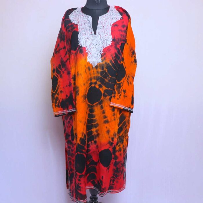 Rust Orange Tie-Dye Raffal Tilla Pheran - Image 2